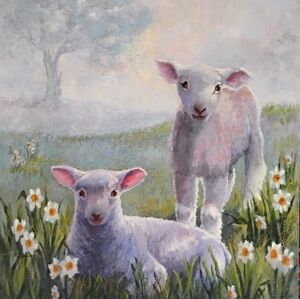 Original Acrylic Painting Lambs Pastoral Scene Signed Maureen Butler 16 x 20 Art